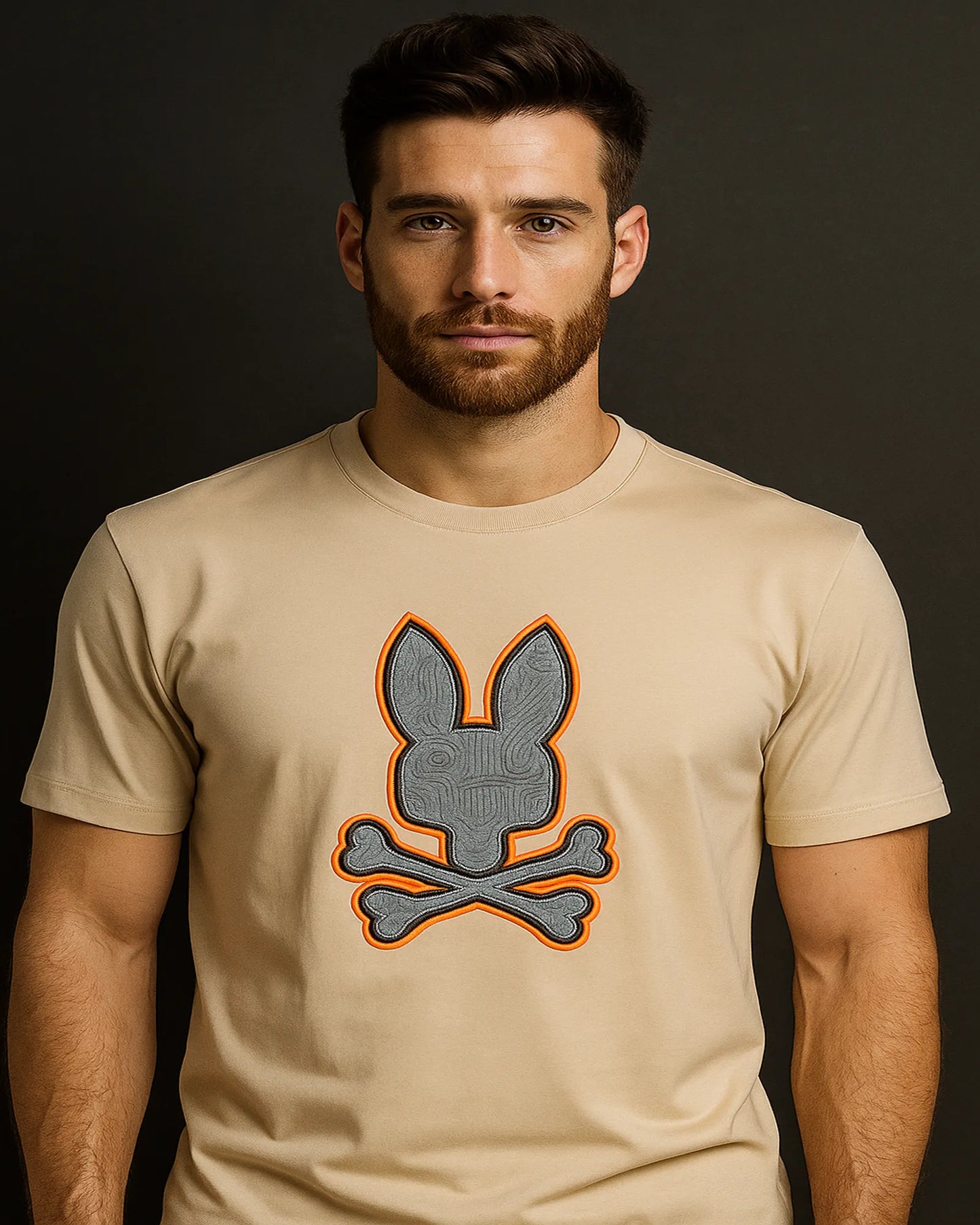 CAMISETA PSYCHO BUNNY BEIGE CON LOGO NARANJA