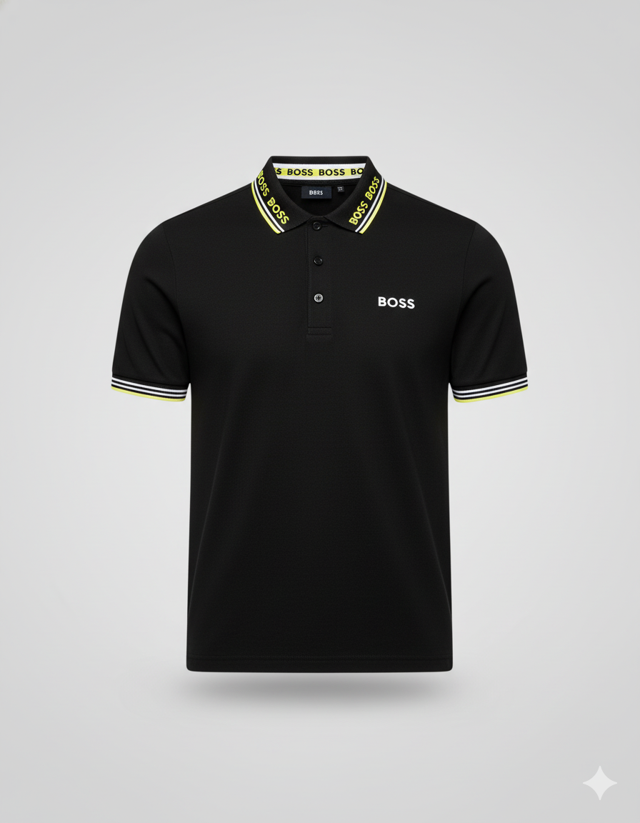 POLO BOSS NEGRO CON CUELLO EN CONTRASTE Y LOGOTIPO REPETIDO
