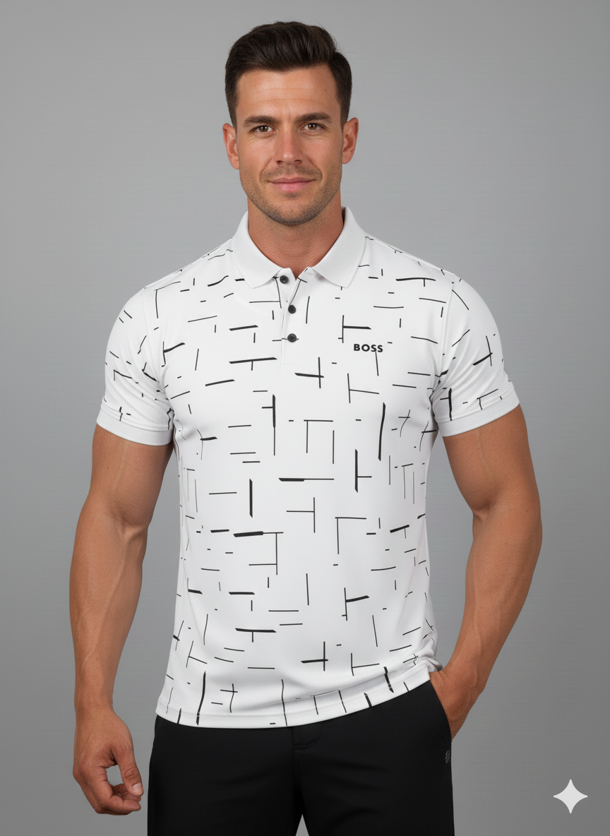 POLO BLANCA RAYAS GEOMETRICAS