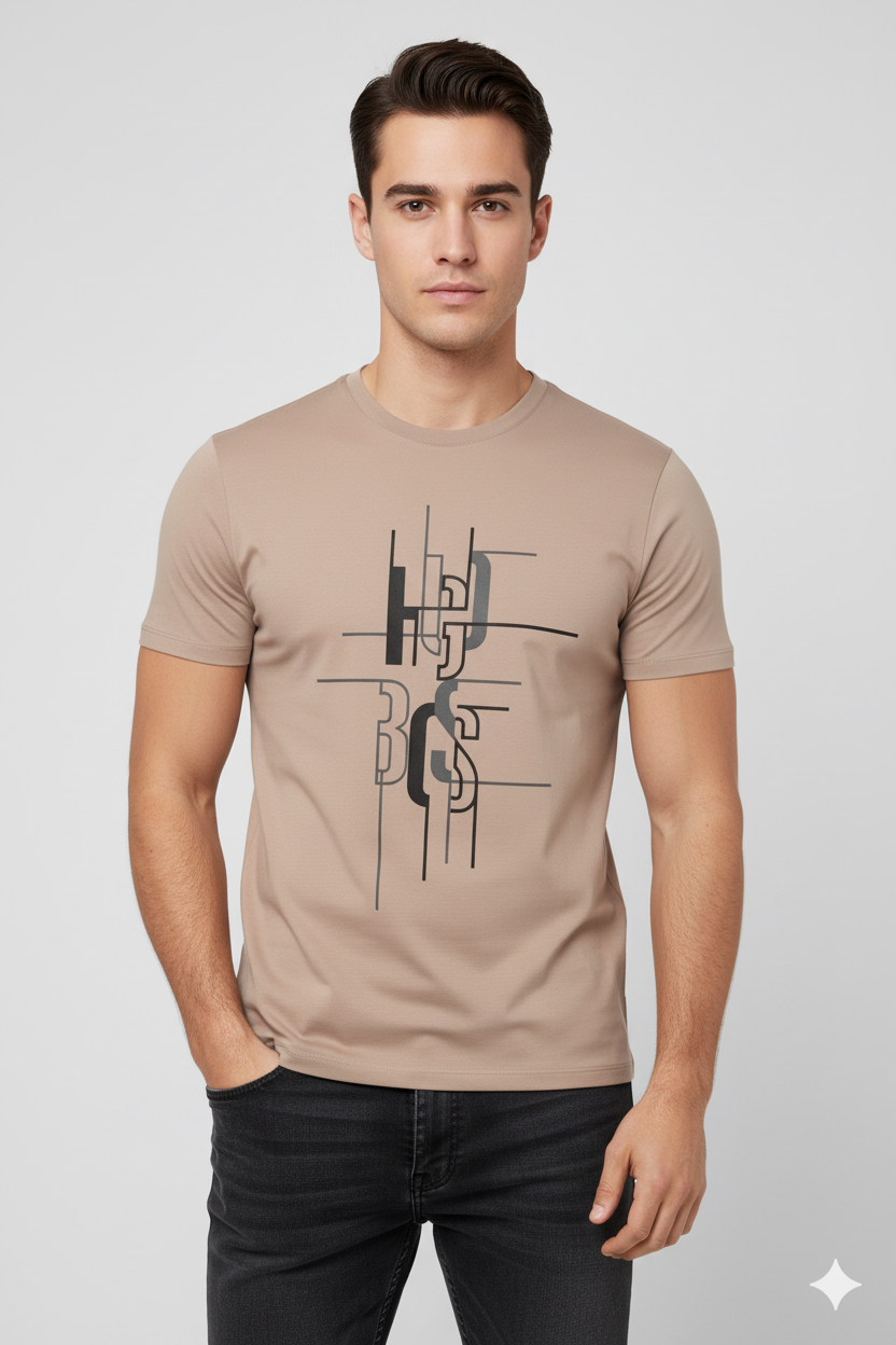 CAMISETA BEIGE CON DISEÑO GEOMÉTRICO