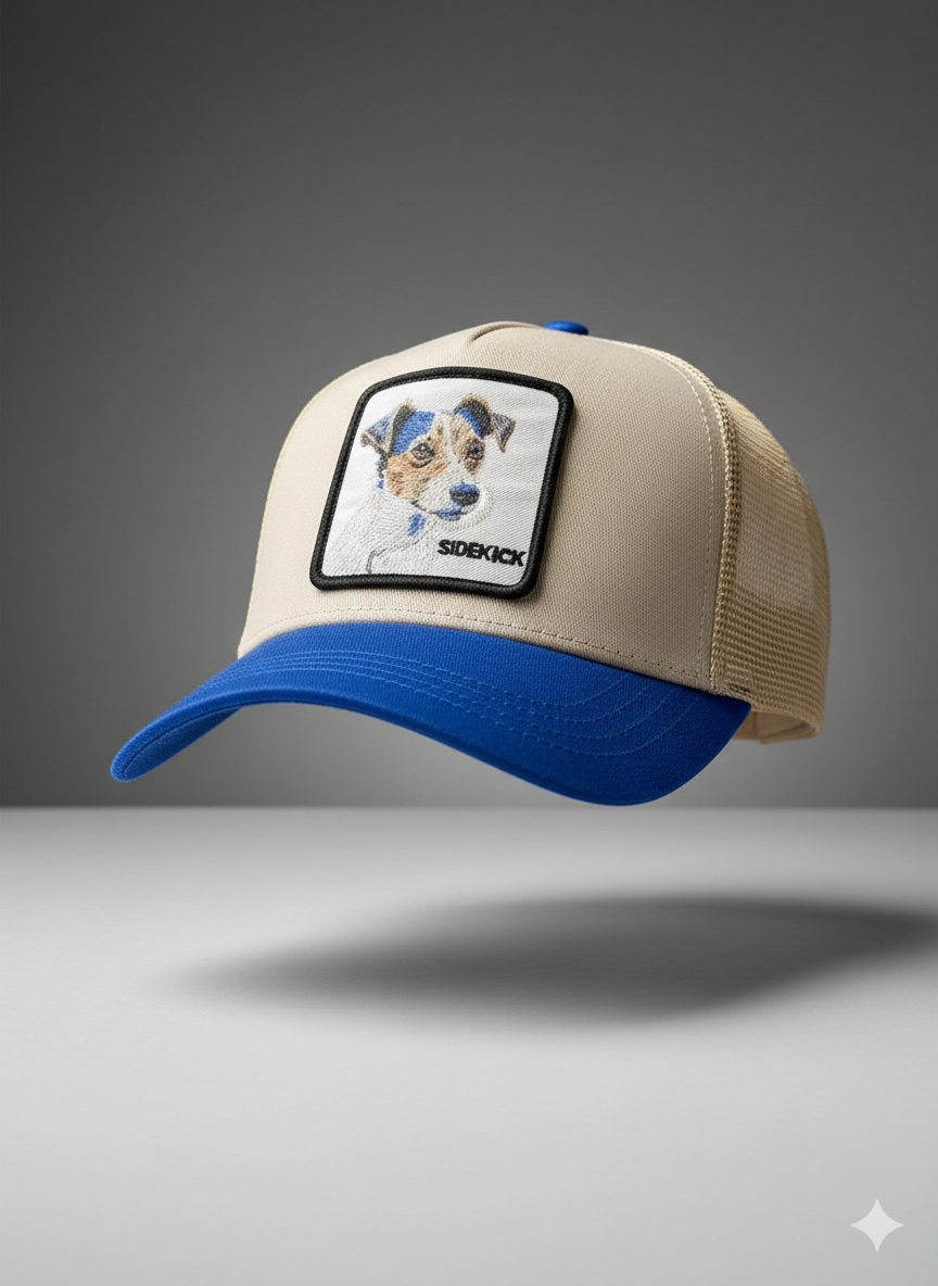 Gorra Trucker Beige y Azul con Parche de Perro