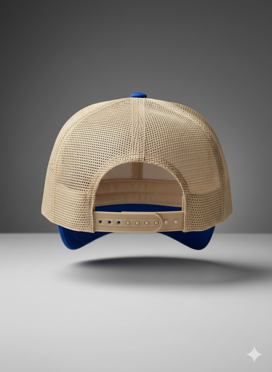 Gorra Trucker Beige y Azul con Parche de Perro