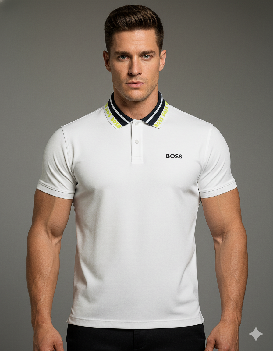 POLO BLANCO CON CUELLO LOGOTIPO EN CONTRASTE