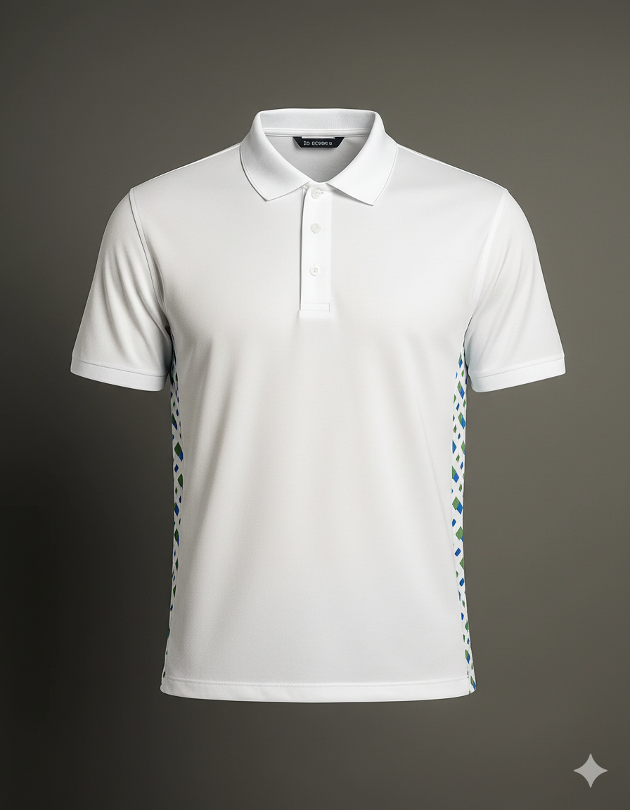 POLO  BLANCO CON DETALLE LATERAL ESTAMPADO EN GEOMETRÍA