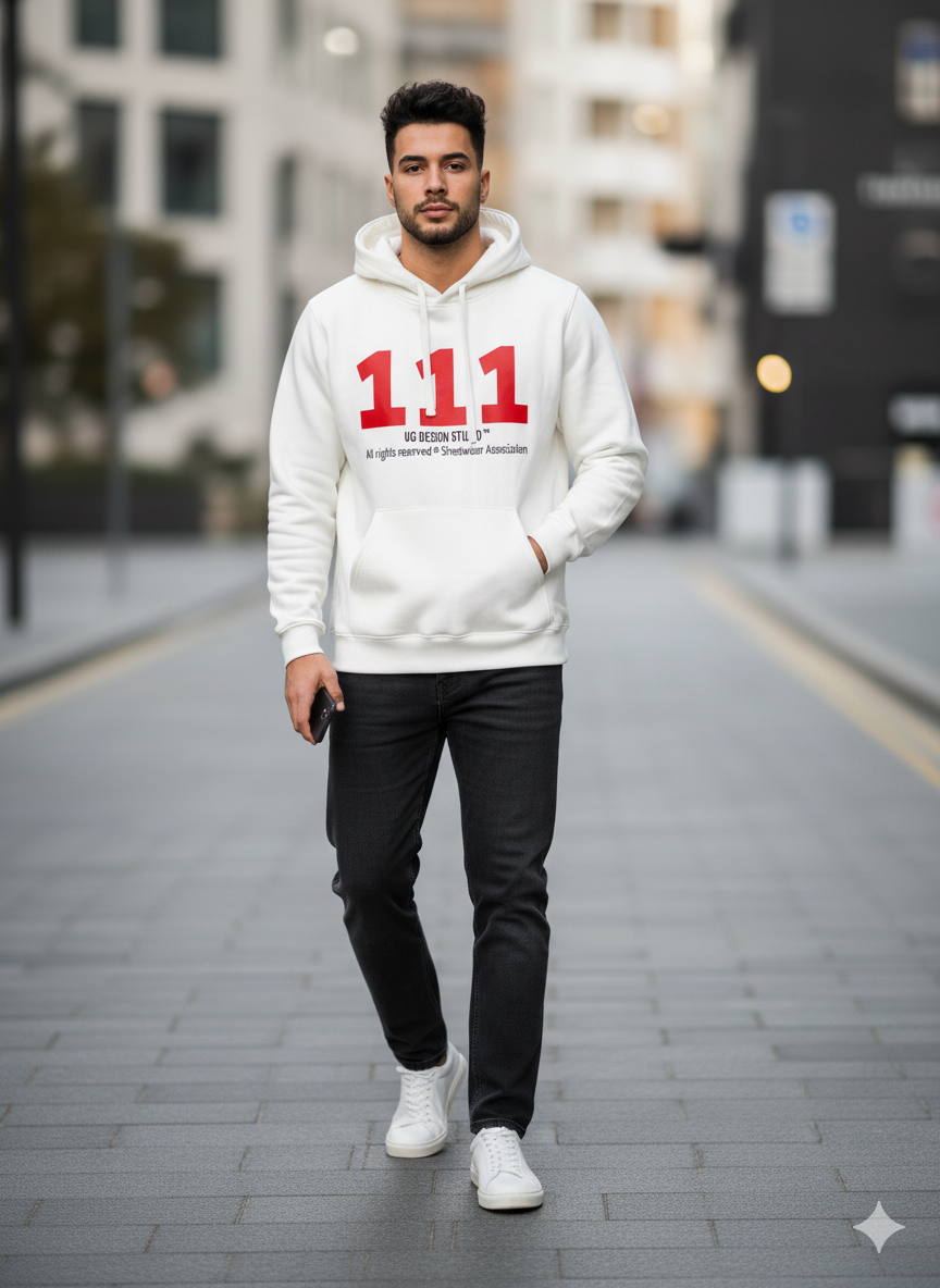 Hoodie Blanco con Gráficos Rojos y Negros
