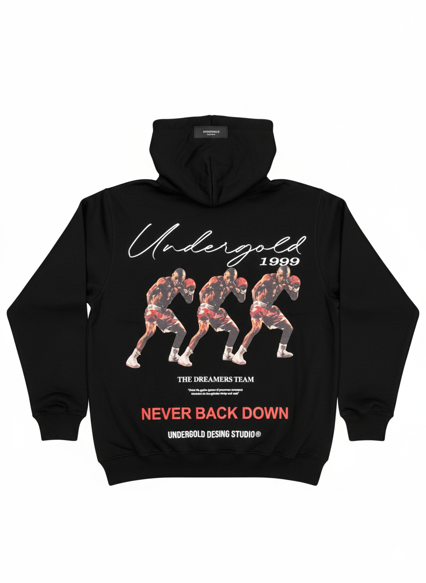 Buzo Negro Oversize “Never Back Down” – Estilo Deportivo y Actitud Urbana