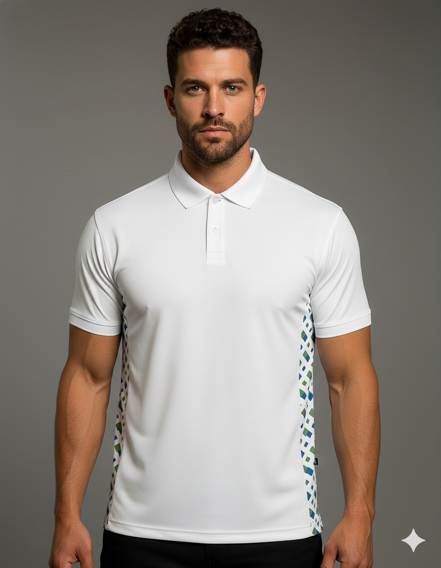 POLO  BLANCO CON DETALLE LATERAL ESTAMPADO EN GEOMETRÍA