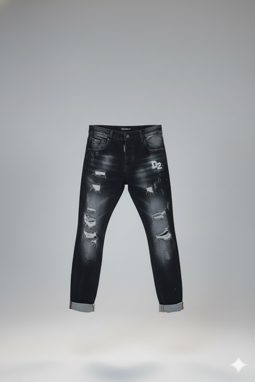 Jean Negro con Desgastes y Corte Slim Fit