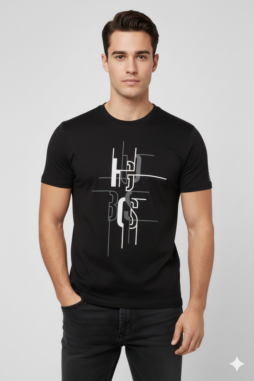 Camiseta negra con estampado geométrico moderno