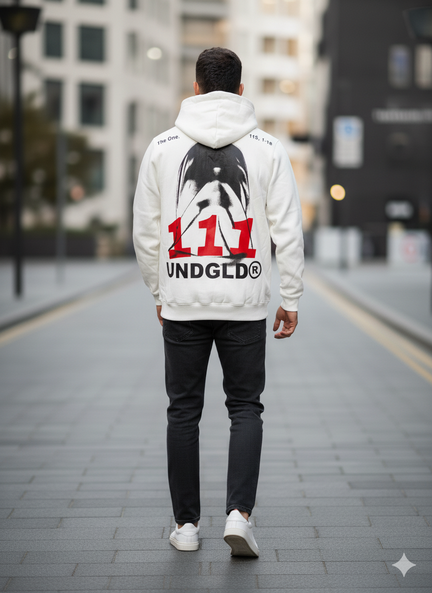 Hoodie Blanco con Gráficos Rojos y Negros