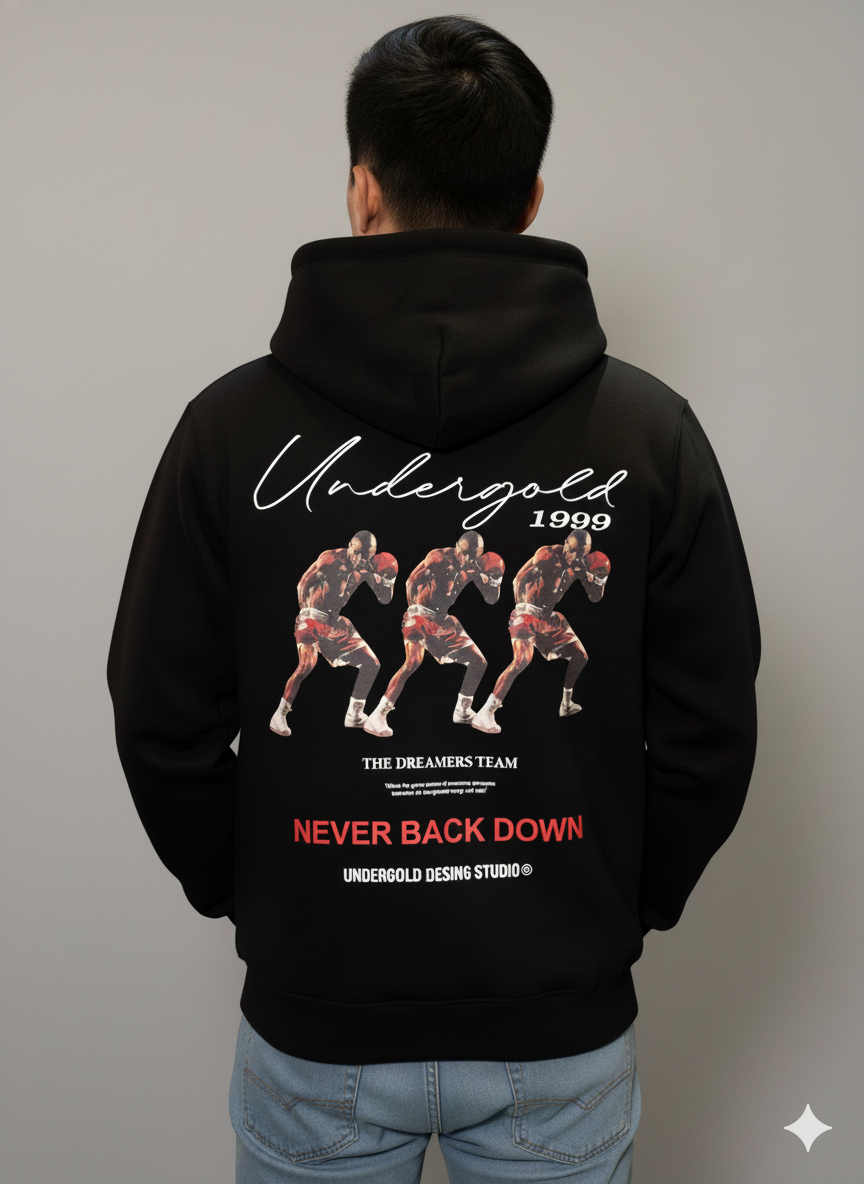 Buzo Negro Oversize “Never Back Down” – Estilo Deportivo y Actitud Urbana