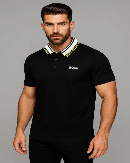 POLO BOSS NEGRO CON CUELLO EN CONTRASTE Y LOGOTIPO REPETIDO
