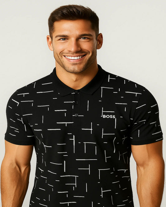 POLO BOSS NEGRO CON ESTAMPADO GEOMÉTRICO Y LOGOTIPO ESTAMPADO