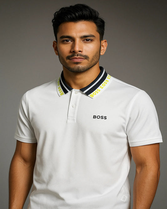 POLO BLANCO BOSS CON CUELLO LOGOTIPO EN CONTRASTE