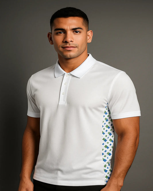 POLO BOSS BLANCO CON DETALLE LATERAL ESTAMPADO EN GEOMETRÍA