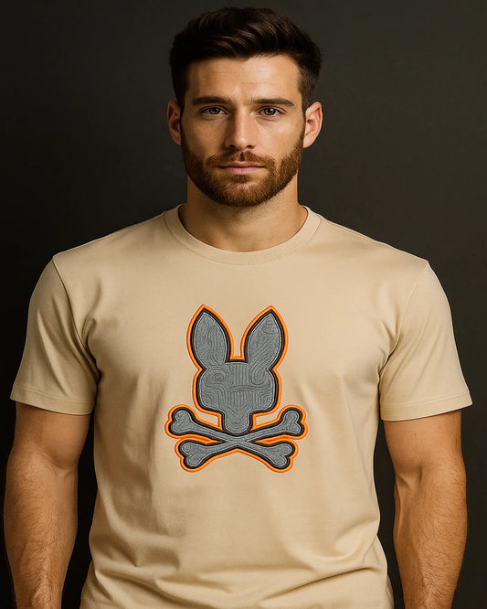 CAMISETA PSYCHO BUNNY BEIGE CON LOGO NARANJA