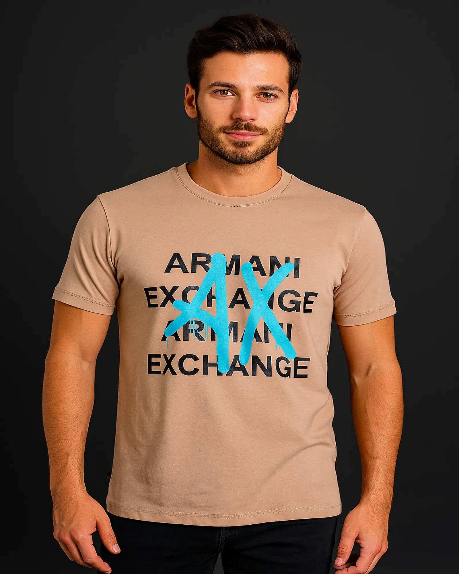 CAMISETA ARMANI EXCHANGE BEIGE CON LOGO MULTIPLE