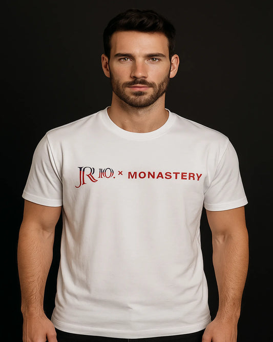 CAMISETA JR X MONASTERY BLANCA LOGO ROJO